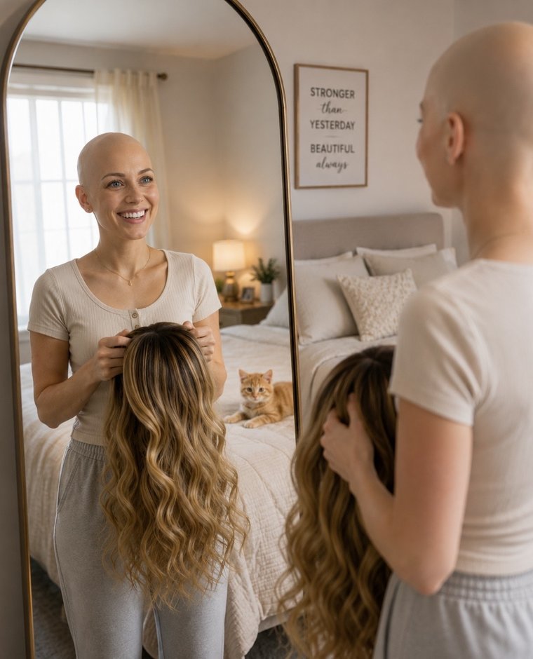 A woman trying on a beautiful wig, smiling at her reflection