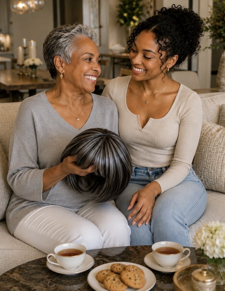 Two women sharing tea, one holding a wig, in warm conversation